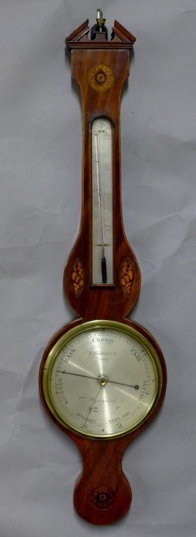 Banjo Wall Inlaid Barometer: F. Faueri & Co antique wood wall barometer. Beautiful inlaid shell, floral and sun design. Some slight scratches and wear wood. Thermometer is loose. Height: 38 1/2", Width: 9 1/2", Depth: 3" (tempera