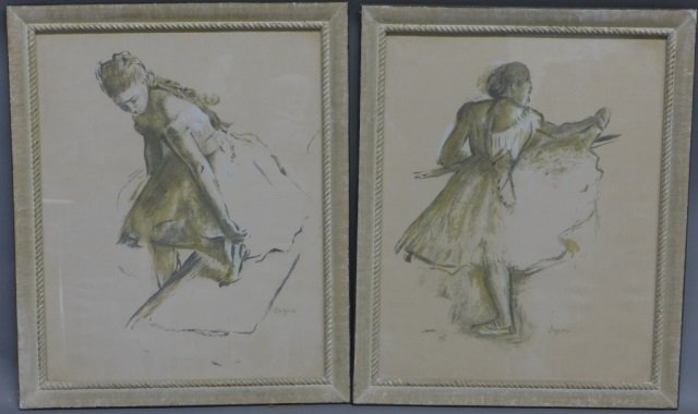 Edgar Degas, French (1834- 1917): Pair figural prints of ballerina dancers. Dancer slipping on her shoe and stretching at the bar. Signed Degas. Framed under glass. Height: 22 3/4", Width: 18 3/4" 7 Image Size: Height: 20", Width: 15 
