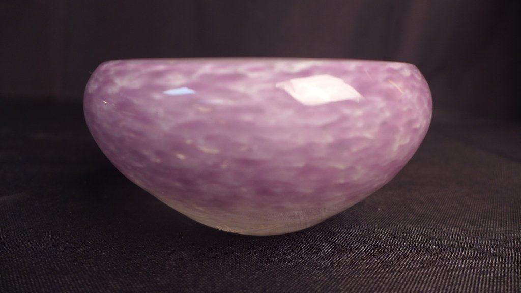 Schneider Purple Glass Bijou Bowl: Charles Schneider "Bijoux Bowl" having purple and white colors encased in clear glass. Signed: Schneider. 2 1/4", Width: 4 1/2", Depth: 4 1/2" (art glass, art deco, art nouveau, modern, mid century) S