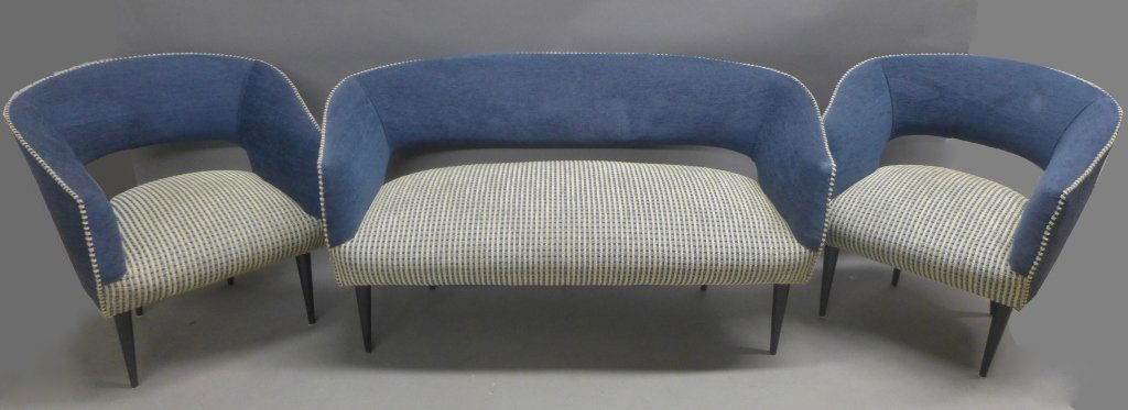 Art Deco Salon Set, Attrib to: Gilbert Rohde: Mid Century modern upholstered salon suite consisting of a pair of lounge chairs and love seat sofa. This set is attributed to Gilbert Rohde, an American furniture and industrial designer known today