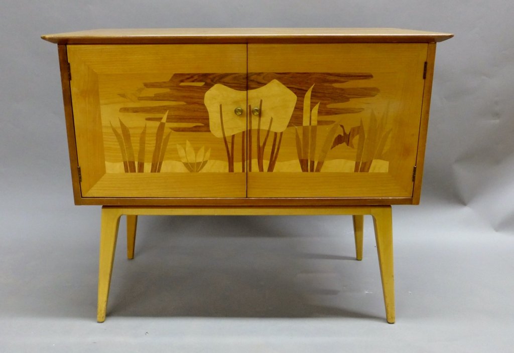 John Stuart Inc Style Buffet Side Cabinet: John Stuart Inc Buffet Side cabinet, includes 3 drawers and cabinet with shelf inside. Ornate wooden inlay on front cabinet doors. Maker's mark on furniture reads Johnson Furniture Co. Grand Rapids In