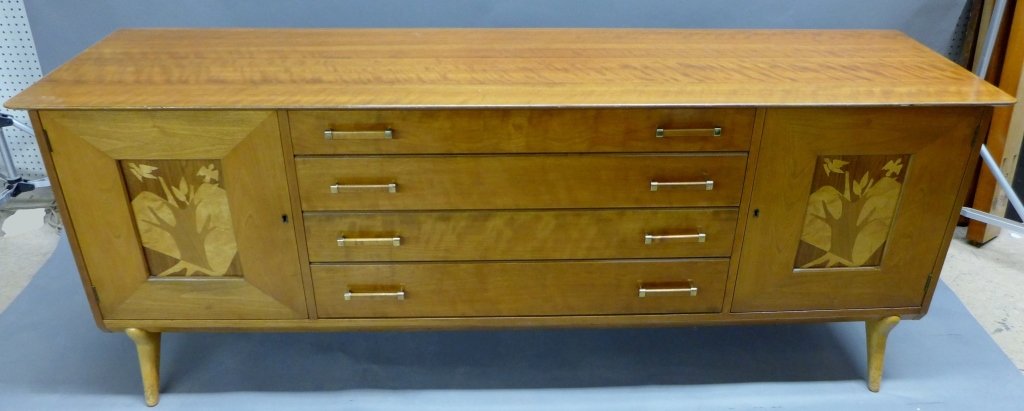 John Stuart Inc Buffet Cabinet With Drawers: Antique John Stuart Inc Buffet cabinet, includes felt drawers and 2 cabinets with 1 shelf each and lock and keys. Ornate wooden inlays on cabinet doors depicting birds in flight above a large tree. Im