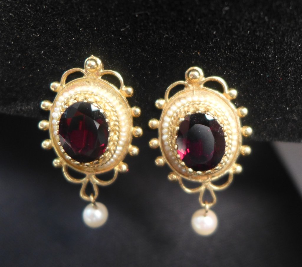 14K Gold, Garnet & Pearl Screw-Back Earrings (1 of 7)