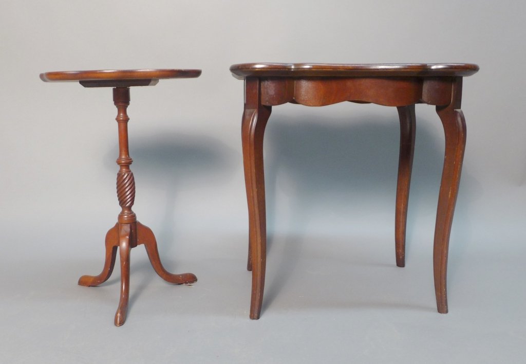 Pair of Vintage Wood Side Tables: Pair of two vintage tables. One oval mahogany pie crust table / stand by "Brandt" Manufactory with spiral turned pedestal and cabriole legs with slipper feet. One rectangular pie crust table with serp