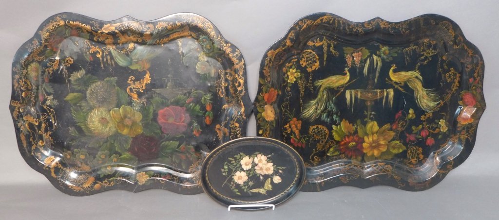 Group of Tole Painted Metal Trays: Group of beautiful antique metal serving trays with a raised scalloped edge and hand-painted flowers and pheasants. Age appropriate wear on the bottom and top. Imperfections. Dimensions: Height: 22",