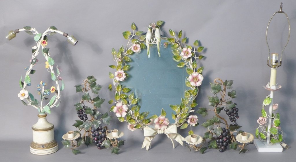 Group of Tole Metal Lamps, Mirror & Sconces: Lovely grouping of matching shabby cottage chic painted metal lamps, wall candleholders/ sconces and mirror. Decorated with painted metal flowers, grapes and leaves. The mirror featured two parrots at