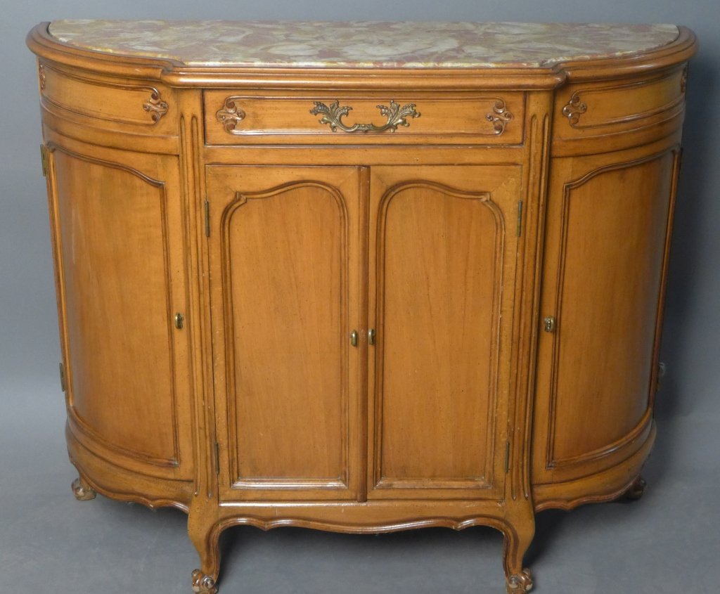Louis XV Style Marble Top Demi Lume Buffet: Marble top demi-lume cabinet with 1 drawer and 4 doors by Danby Furniture Company. Back is marked: Danby (furniture, living room, family room, dining room, cadenza, side board, storage, shelf) STERLIN
