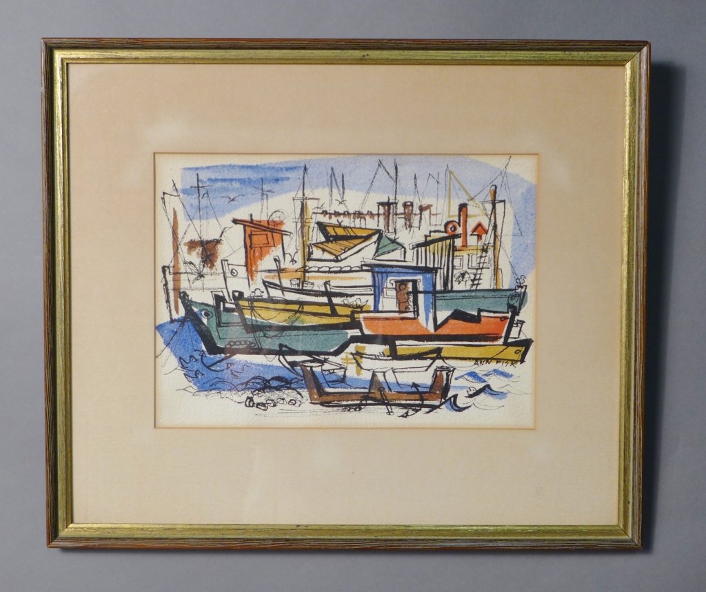 Watercolor by Ann Fisk: Modern abstract watercolor painting by Ann Fisk (1929-2009), depicting boats at a dock with birds and buildings on the background completed with vivid colors like blue, orange, yellow and green and th