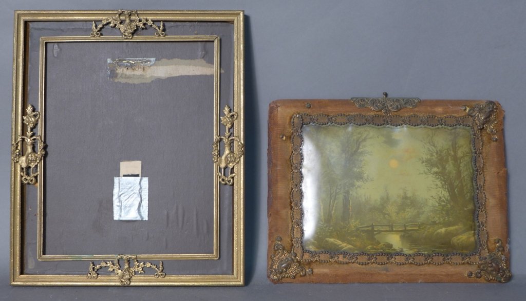 Antique Picture Frame and Print: Group of two antique picture frames, one with a landscape print / photograph. This lot features a vintage brass tone picture frame with elegant flower basket decorations. Has some patina and wear. Bac