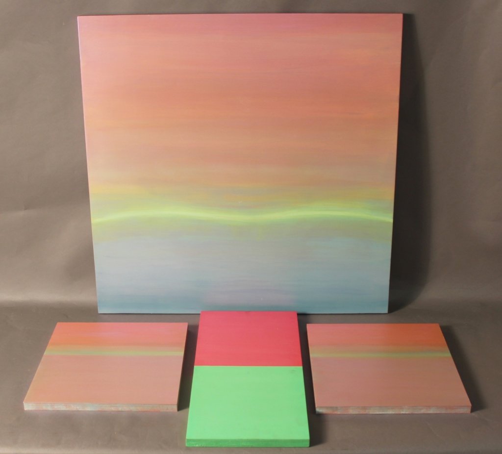 Collection of Modern Abstract Paintings: Collection of 4 beautiful abstract painting on a board. Large painting titled "Beyond the Sunset 0110" and featuring soft shades of pale pink, purple, yellow, green and blue. Paint has a pearl effect.