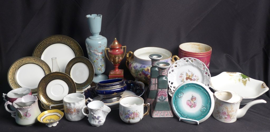 Large Collection of Porcelain and Fine China: Very large and eclectic collection of porcelain including shaving mugs, vases, candle sticks, planters, dinnerware, decorative plates and more. Makers marks on the back of most pieces. Maker's marks i