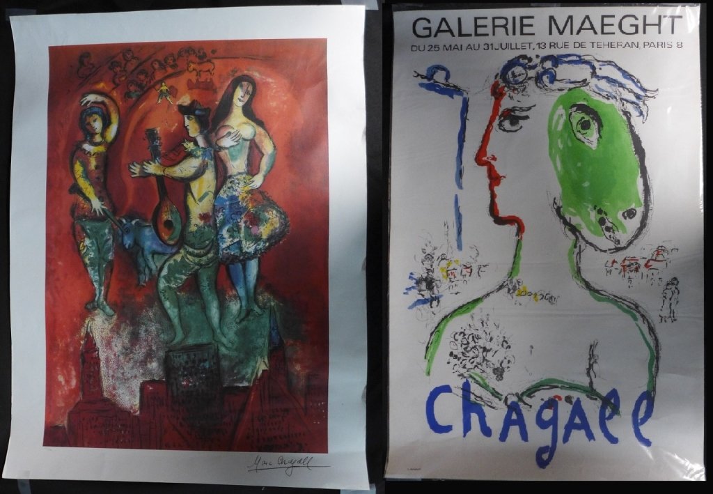 Marc Chagall Poster Prints: Marc Zakharovich Chagall, Russian-French (1887-1985). "Carmen" 319/500 Limited edition lithographic print with facsimile signature. "The Artist as a Phoenix: Galerie Maeght" Litographic poster reads: 
