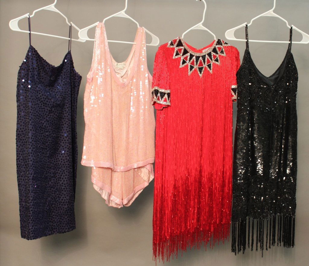 Collection of Vintage Cocktail Dresses: Collection of Vintage cocktail dresses. Including: one Bob Mackie Boutique silk dress with black, silver & red beads along with silver sequins. Beaded fringe ombre bottom. Size 6. Length: 38 1/2". One