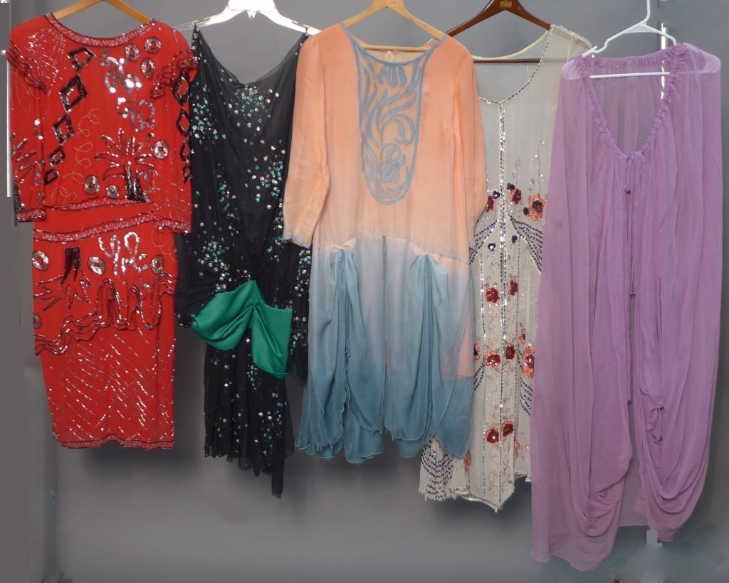 Collection of Vintage Sheer Dresses: Collection of vintage beaded dresses and a sheer cape. Including: One black and silver sequin and beaded red silk dress with open back, few missing beads and loose threads. 3/4 length sleeves and shou