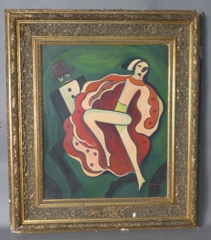 Signed Modern Abstract Painting attb. Scheiber H.: Framed, 20th c., abstract painting of female dancer and man in a hat at the back. Executed in dominating green and red colors. Signed in the lower right. Attributed to Hungarian artist Hugo Scheiber.