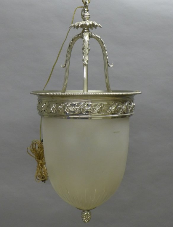 Antique Frosted and Cut Glass Chandelier: Frosted and cut glass chandelier with silvered bronze hardware and mounts. circa 1910. small crack in glass. Height: 31", Width: 16" (mid century, modern, lighting, electrical) STERLING ASSOCIATES STR