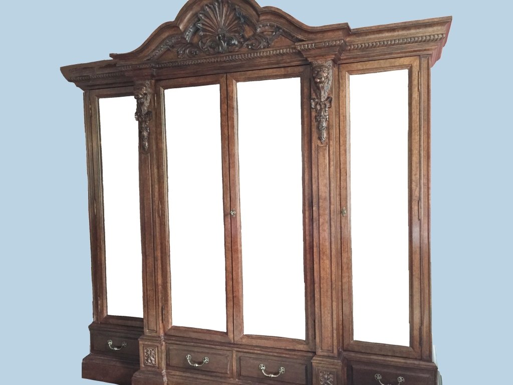 Monumental French Provincial Style Breakfront: Large custom made IPF/ Samuelson Furniture French Provincial style breakfront. Decorated with beautiful carved shell design pediment over a conforming case with four glass doors with glass shelved and