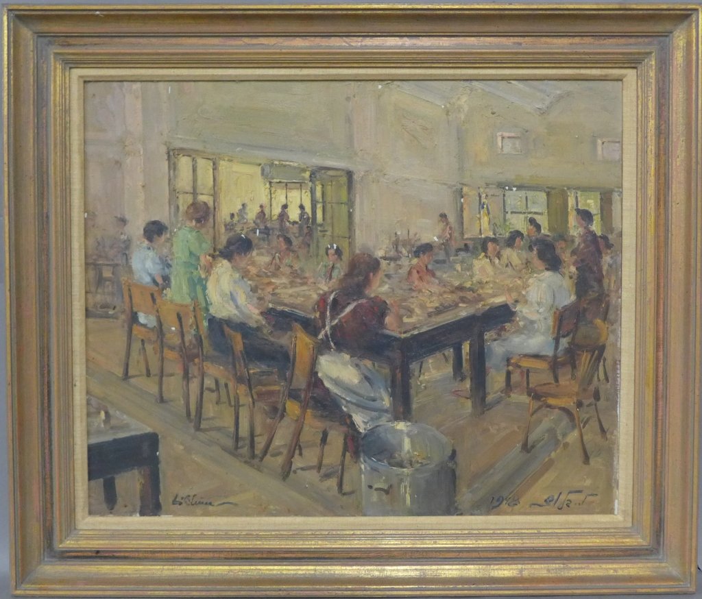 Signed Figural O/C: Lovely painting depicting women at work seated around table in a large room. O/C signed on lower left and dated 1948 on lower right. Some chipping paint and other imperfections. Height: 29 1/2", Width