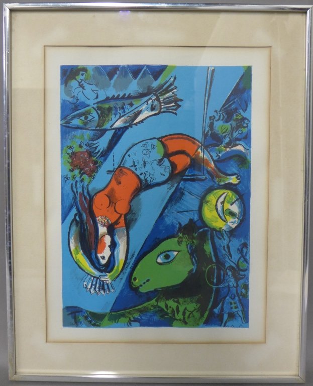 Marc Chagall, Russian-French (1887- 1985): "Blue Circus" Signed in plate on lower left. Chagall was known as the "the quintessential Jewish artist of the twentieth century". Imperfections. Height: 20 1/4", Width: 16 1/4" & Image Size: Height: 