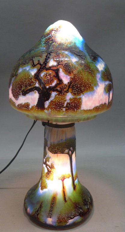 Lorraine Glass Cameo Boudoir Lamp: Stunning contemporary cameo glass table lamp. Both cameo glass shade and body depicted beautiful trees and foliage on a pink and blue background. Signature on base reads: Lorrain. Height: 18", Top Dia