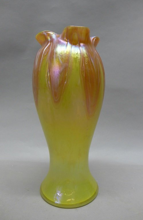 Large Fluted Top Art Glass Vase: Loetz style iridescent glass vase with heavily scalloped rim. Amber "pulled feather" accents on yellow oil spot background. No noticeable maker's marks. Height: 13", Diameter: 5 1/4" (studio glass, ar