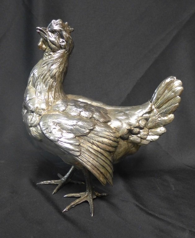 Sterling Silver Figural Rooster: Beautifully sculpted rooster vessel (2 pieces). Continental 19th Century. Unable to find hallmark, but tested positive for sterling. 1 noticeable hole by wing of bird. Stamped: Paris, Edgar Morgan, Ni