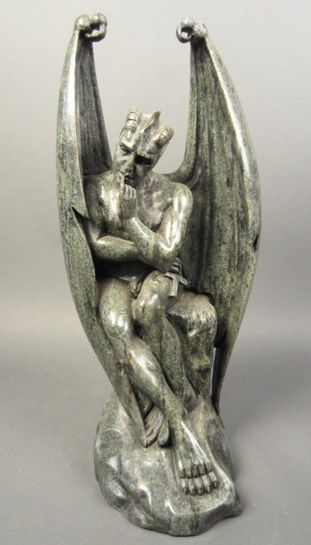 Marble Statue of Lucifer Demon: Green marble statue of Lucifer Demon, the Fallen Angel seated on rock. No noticeable signatures. Imperfections. Height: 24", Width: 10" (devil, religion, carving, sculpture) STERLING ASSOCIATES STRIVE