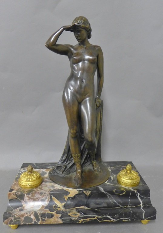 Ferdinand Lepcke, German (1866- 1909): Beautiful patinated and dore over bronze figural inkwell on marble base. Nude woman standing against plinth is incised on base: Ferdinand Lepcke Berlin, and Aktien- Gesellschaft: Gladenbeck Berlin- Fr