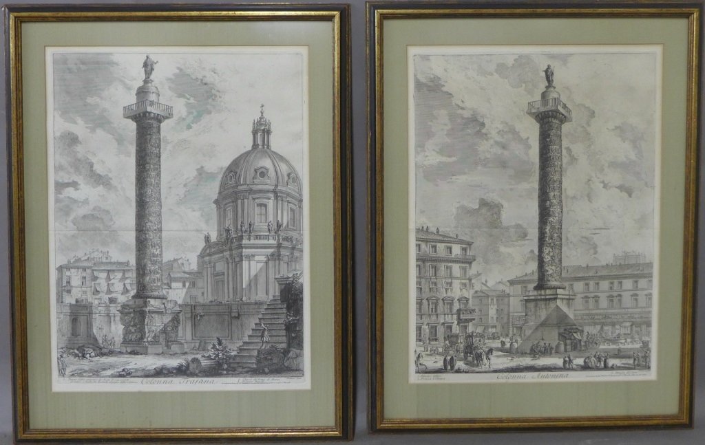 Giovanni Battista Piranesi, Italian (1720-1778): "Colonna Trajana" & "Colonna Antonia" Beautiful etchings of Roman landscapes. All are signed Piranesi on lower right. Framed under glass. Height: 28 1/2", Width: 22" & Image Size: Height: 22", Width: 