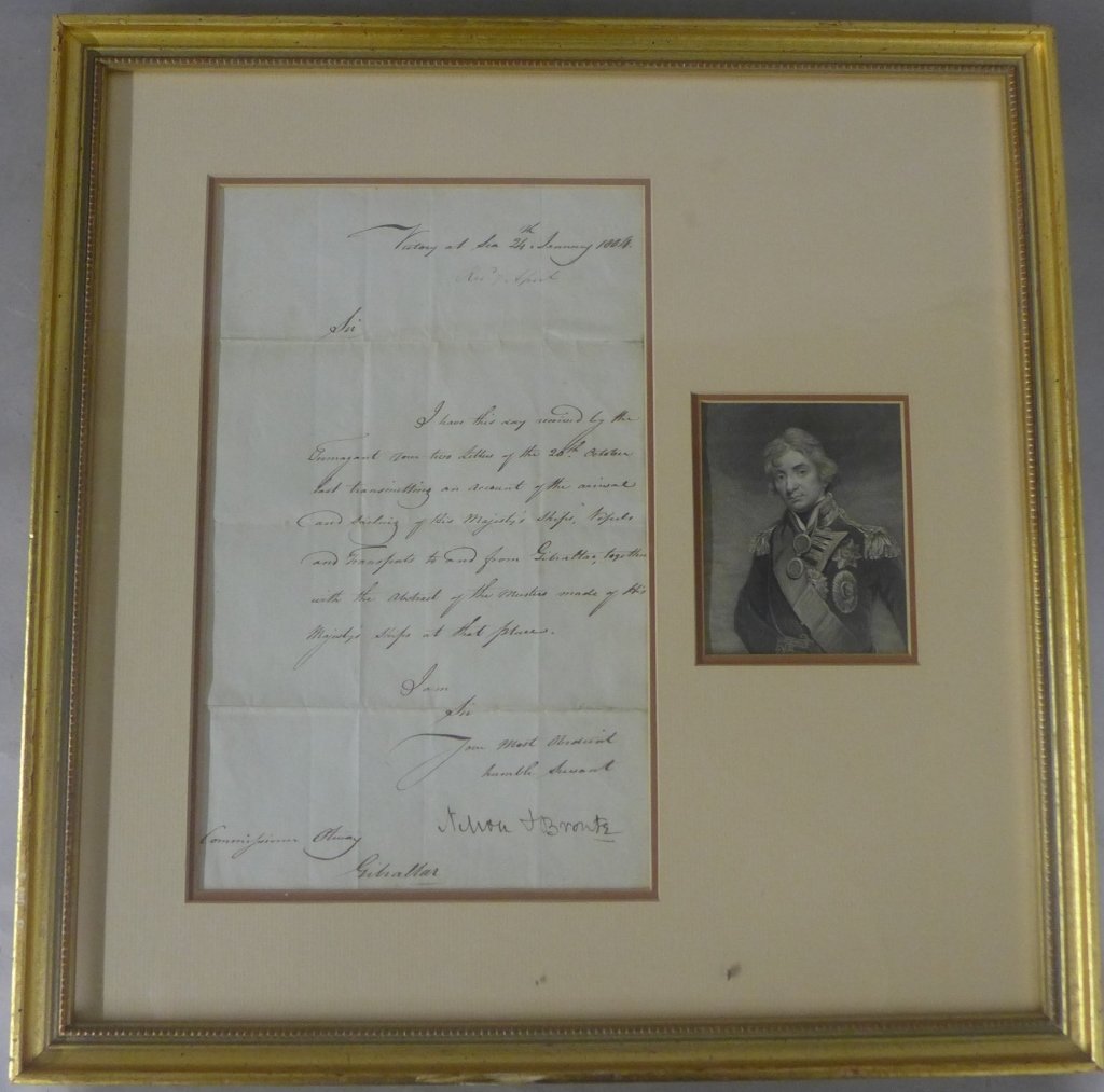 Framed Document Victory at Sea Nelson & Bronte: Framed Document and Photo in wooden frame. Order signed "Nelson & Bronte" the text in hand of John Scott to Robert Kerr captain of HM Frigate Frisgard. Notifying victory at sea. Dated January, 24th 18