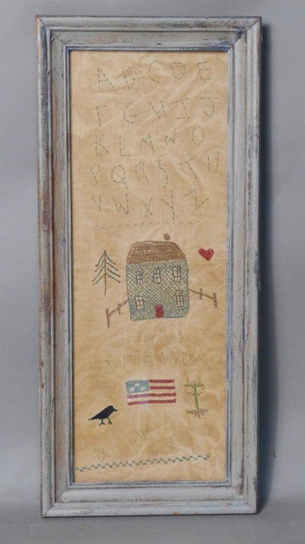 Antique Folk Art/ Americana Needlepoint: Lovely embroidered needlepoint sample on aged linen. Possibly done by a child. Includes the alphabet, house, heart, tree, black crow, American flag, stars, the date: 1774 & the name: Sophie Wilkes. Fr