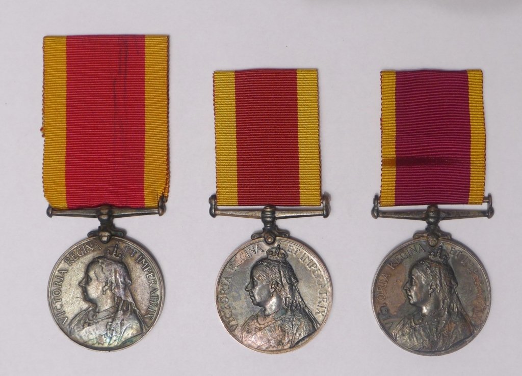 Set of Three China War Medals 1900: Set of three China War Medals 1900, awarded to those who took part in actions against the Chinese in the China War of 1900-1901, also known as the Boxer Rebellion. The obverse depicts the crowned and 
