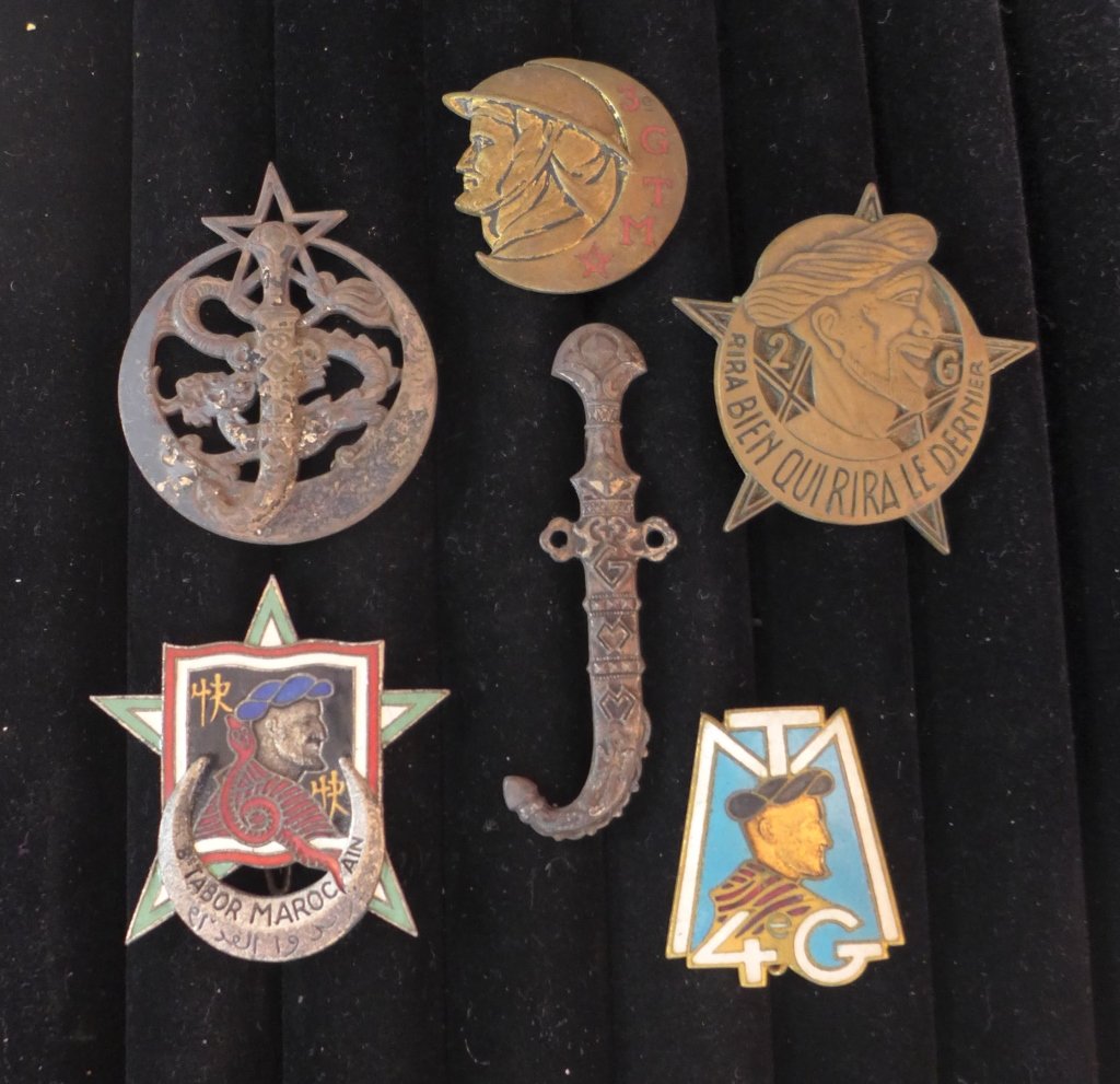 Moroccan Badges of The French Foreign Legion.: Six assorted Moroccans Badges of The French Foreign Legion. Includes: Mixed Moroccans Goums, Group of Moroccans Tabors EO, 2. Grouping of Moroccan Tabors, 3. Grouping of Moroccan Tabors, 4. Grouping o