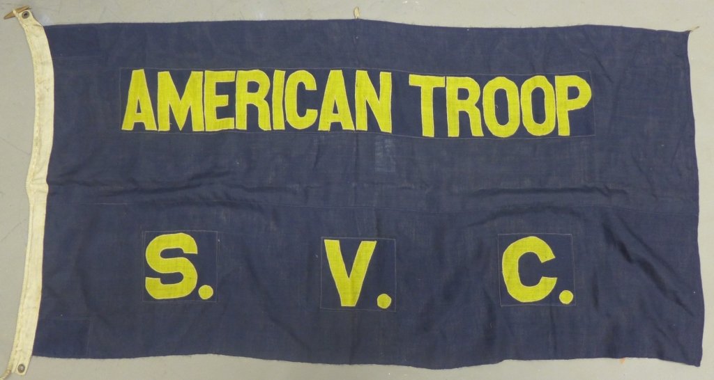 Shanghai Volunteer Corps "American Troop" Flag: Original blue wool unit flag with gold letters "American Troop / S.V.C." applied to both sides. The SVC was formed by "allied" nations in 1932 to protect Shanghai from attack by rebel native from in C