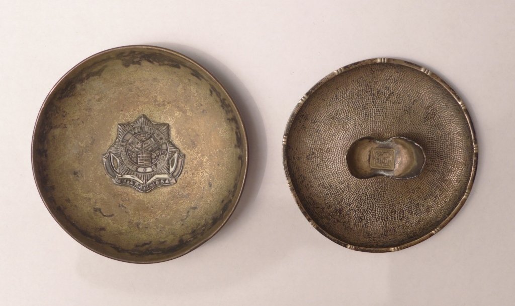 Pair of S.D.F. & S.V.C. Silver Trophy Plates: Pair of Cinese trophy plates, featuring; one Tuck Chang Silver plate / ashtray with decorative bamboo trim and engraving on the bottom "2nd Wiltshire Regimen Shanghai Defence Force. 1929". One silver 