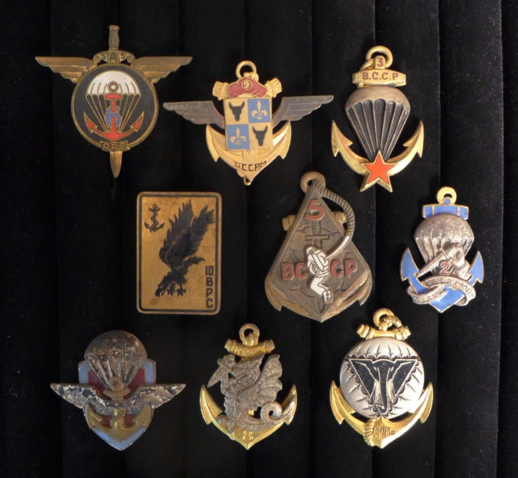 Insignia Badges of FFL Paratroopers: Selwction of 9 Insignia Badges of French Foreign Legion Paratroopers. Battalions and Colonial Groups Parachutes (BCCP, GCCP et BPC) Includes: 2nd, 3rd, 5th, 6th, 7th, Colonial Parachute Commando Batta