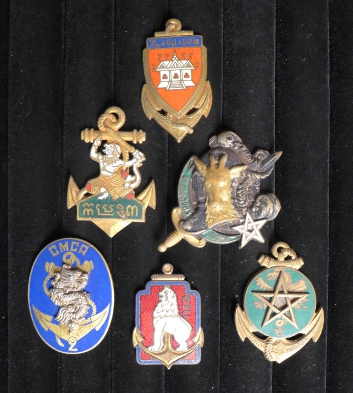 Muong & Cambodia Battalion Badges: Muong & Cambodia Battalion Badges of The French Foreign Legion. Includes: 1st Battalion MUONG, Mixed Regiment of Cambodia, 3rd Battalion Cambodians Hunters, 2. CMCA - Company ANNAM Marche du Centre, 2