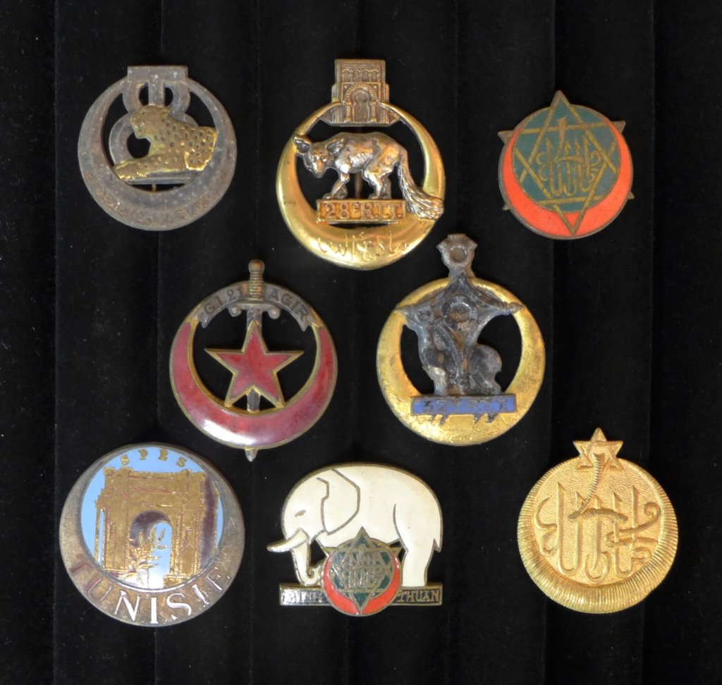 Tunisian Badges of The French Foreign Legion: Collection of 8 Tunisian Badges of The French Foreign Legion. includes: 4th Rifle Regiment Tunisians (type 1 & 2), 4. RTT - BINH THUAN, 8. Tunisian Tirailleurs, 32 Rifle Regiment Tunisians, SPES TUNIS