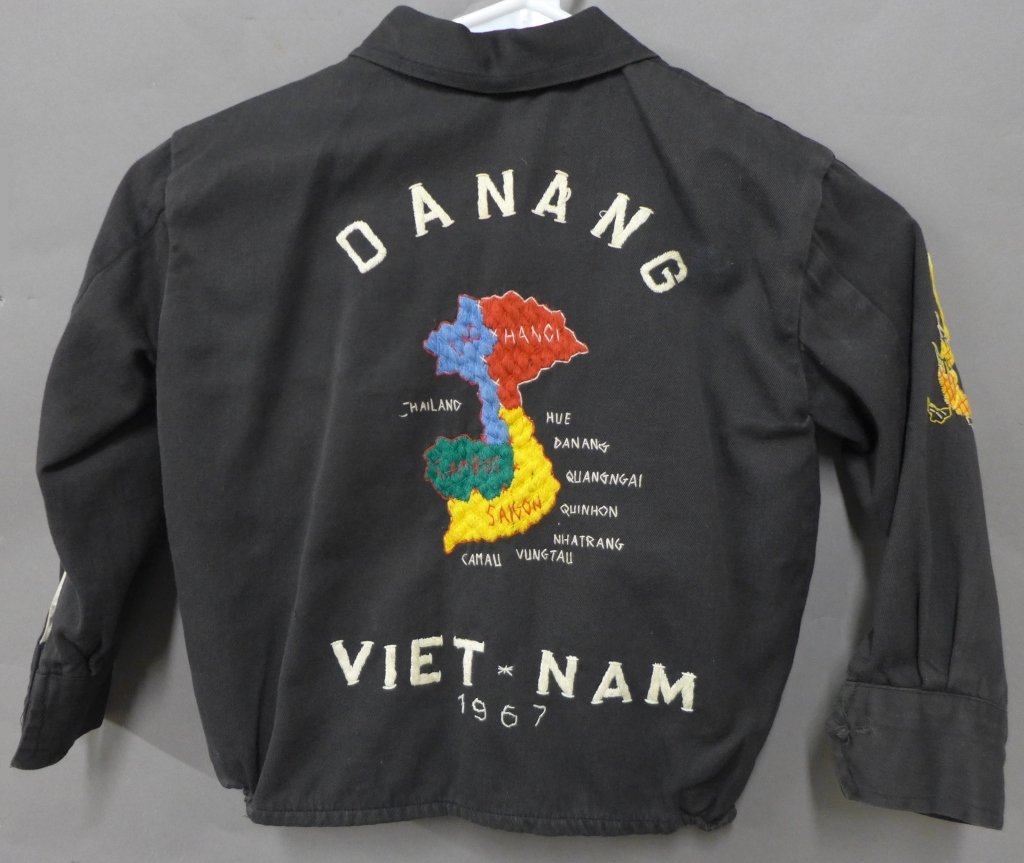Vietnam Embroidered Souvenir Tour Jacket: Child's sized Vietnam embroidered souvenir tour jacket. Viet Nam Danang Duty Tour Jacket. 1967. Embroidered on front, back and sleeves. Black Cloth with Silk Lining. The front depicts embroidered tige