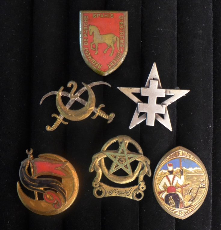 French Foreign Legion Badges of The Saphis: Selection of 6 French Foreign Legion Badges of The Saphis Algerians. Includes: 1st RSM Spahis, RSA 2nd Spahis Algerians, 9th Squadron Group, Morocco ain, 3 RSM, 4th RSM France Morocco Moroccan and Spa