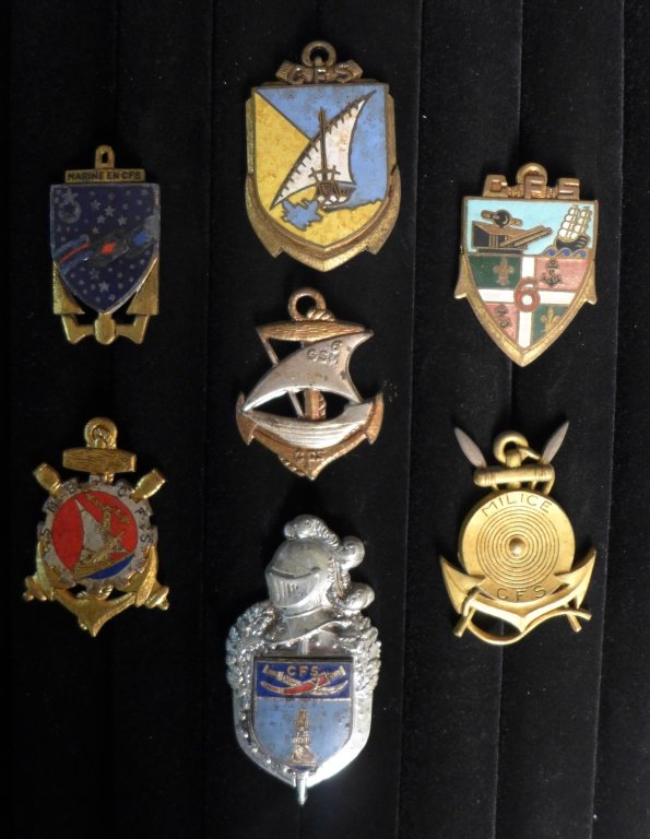 CFS Troops French Somali Coast Badge Insignias: 7 Selected CFS - Troupes en Cote Francaise des Somalis Insignia Badges of the French Foreign Legion. Includes:Badge Of Colonial Troops Or Marine - Troops French Somali Coast, French Somali Coast Marin