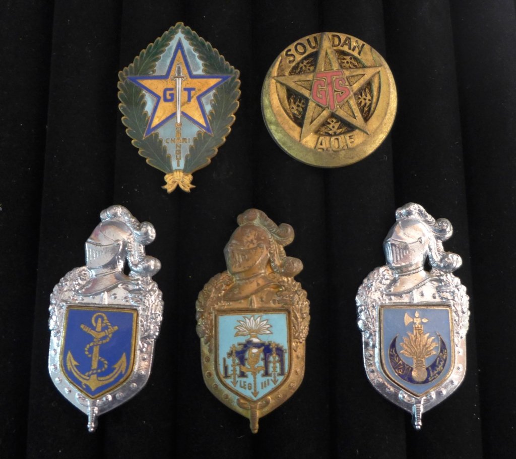 Gendarmerie - Police Insignia Badges of The FFL: Gendarmerie - Police Insignia Badges of The French Foreign Legion. Includes: G.T.O.C, GTS, Maritime, 10 LEGION GENDARMERIE MOBILE ALGERIE, 10 Legion Regional Police Algeria. Maker marks. From the coll