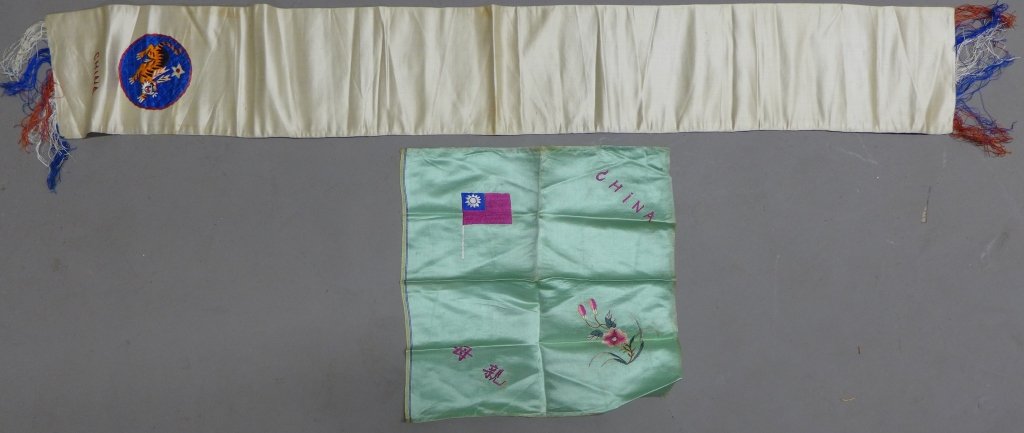 WW2 Chinese Flying Tigers Scarf and Pocket Square: Rare USAAF WW2 Chinese Aero Commission Chinese Flying Tigers scarf and pocket square. The scarf is featuring white silk body with blue, red and white fringe; decorated with Flying Tigers embroidered i