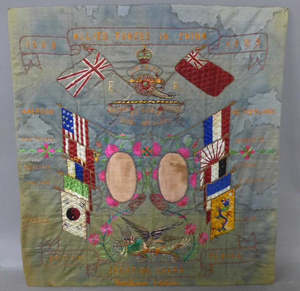 Allied Forces in China Military Embroidery 1908-09: Allied forces in China of Royal Artillery 1908-1909 military embroidery. Decorated with the flags of the allies and featuring a Japanese flag, this was just before the invasion and war between Japan a