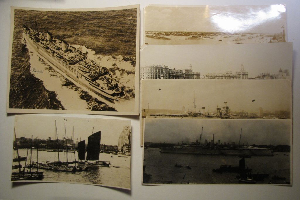 Original 6 Panoramic Photographs Navy China: Original 6 Panoramic Photographs of Navy, China. Featuring: large image of U.S.S. Wakefield at sea, signed in the back with a list of names, dates and places; one panoramic image of a British battlesh