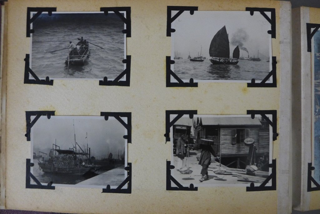 Photo Album & Certicate Peaking Hong Kong Hankow: Group of "Certificate for Wounds and Hurts" & Photo album of 52 photographs belonging to John Gill, British Navy, late 1920s. The album is containing photographs of Tifun, Wu Hi Wu winter, streets and