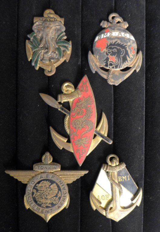 Senegal Battalion Badges of The French Legion: Collection of 5 French Foreign Legion Senegal Battalion Badges - The Skirmishers Senegal. Includes: Detachment African AEF - TONKIN, Battalion March 1 - AOF, On Battalion 2 - French Central Africa, On