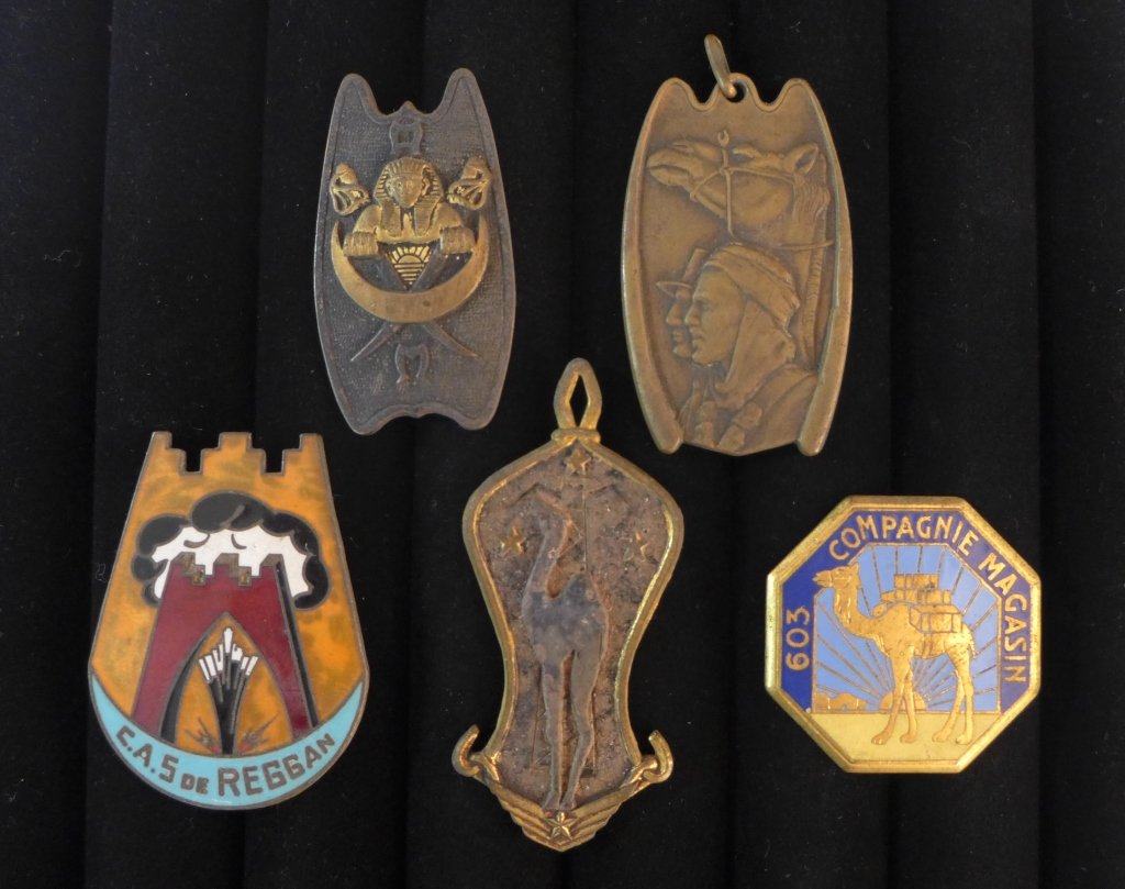 Saharan Badges of the French Foreign Legion: Saharan Badges of the French Foreign Legion. Includes: Hardware badge, 603 Co. Store; Saharan Administrative Center Reggan – C.A.S; Muslim Affairs, Officers Corps; Cinquantenaire For Saharan CIES, 1
