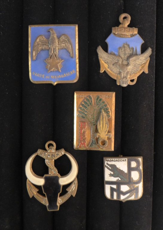 Madagascar Badge Insignias: Madagascar Badge Insignias of The French Foreign Legion. Includes: Colonial 1st Regiment mixed Madagascar, Garde De Madagascar, Compagnie de Garnison Tananarive Madagascar, BLEM - Battalion Foreign Le