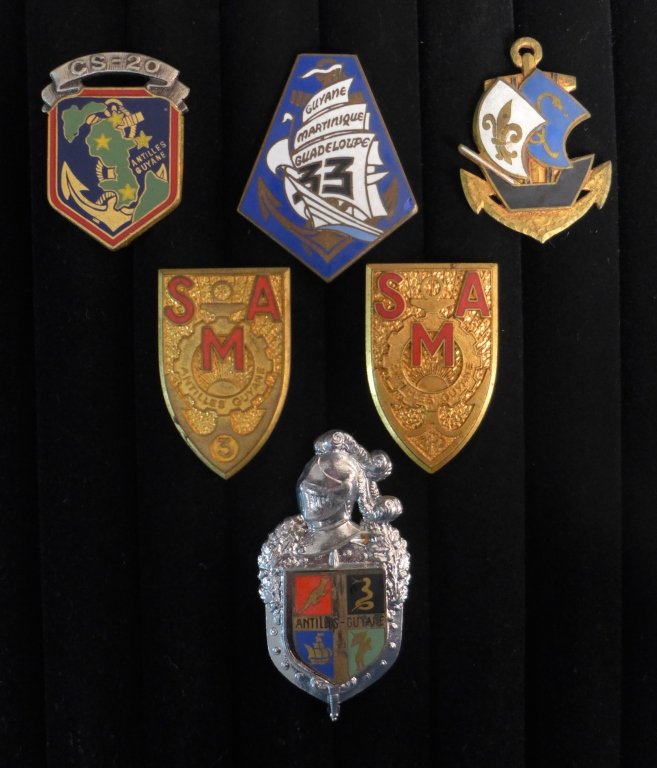 French Foreign Legion Badges of Antilles Guyane: French Foreign Legion Antilles Guyane Badges. Includes: Badge of the 3rd Battalion of the Military Service Adapted Antilles Guyane, Police Badge Legion Antilles Guyana, Badge Of Colonial Troops Or Mar